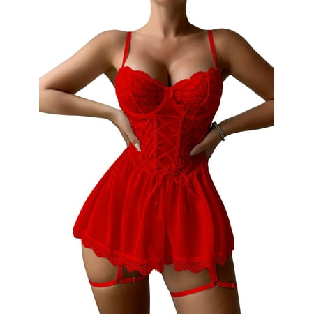 SkyAuks Babydoll Dress for Women  Floral Lace Mesh See Through Lingerie with Thong  Red(XL)