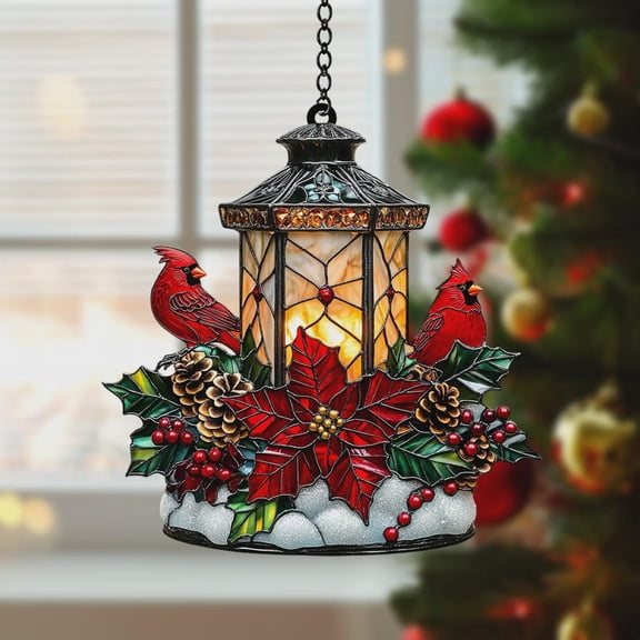 Christmas Cardinal Suncatcher And Ornament, Poinsettia Faux Stained Glass Window Gift 2025