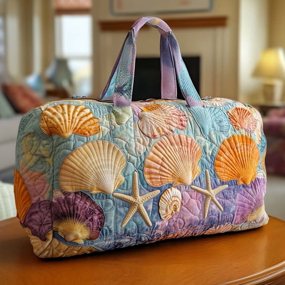 Custom Shoreline Shells Quilted Duffle Bag, Soft Travel Weekender, Carry On Bag, Gift Idea