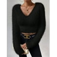 thumbnail image 6 of Women'S Fuzzy Long Sleeve V Neck Crop Sweater Casual Plain Slim Fit Warm Knitwear Sweater Pullovers Black S, 6 of 8