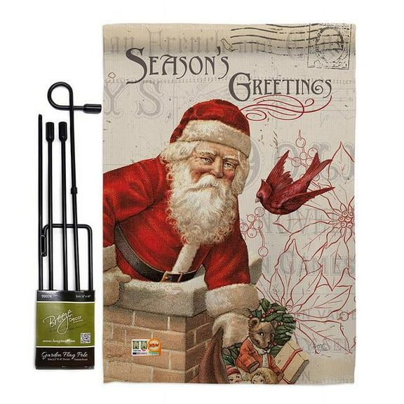 Breeze Decor BD-XM-GS-114194-IP-BO-D-US18-WA 13 x 18.5 in. Antique Santa Holiday Winter Christmas Impressions Decorative Vertical Double Sided Garden Flag Set with Banner Pole