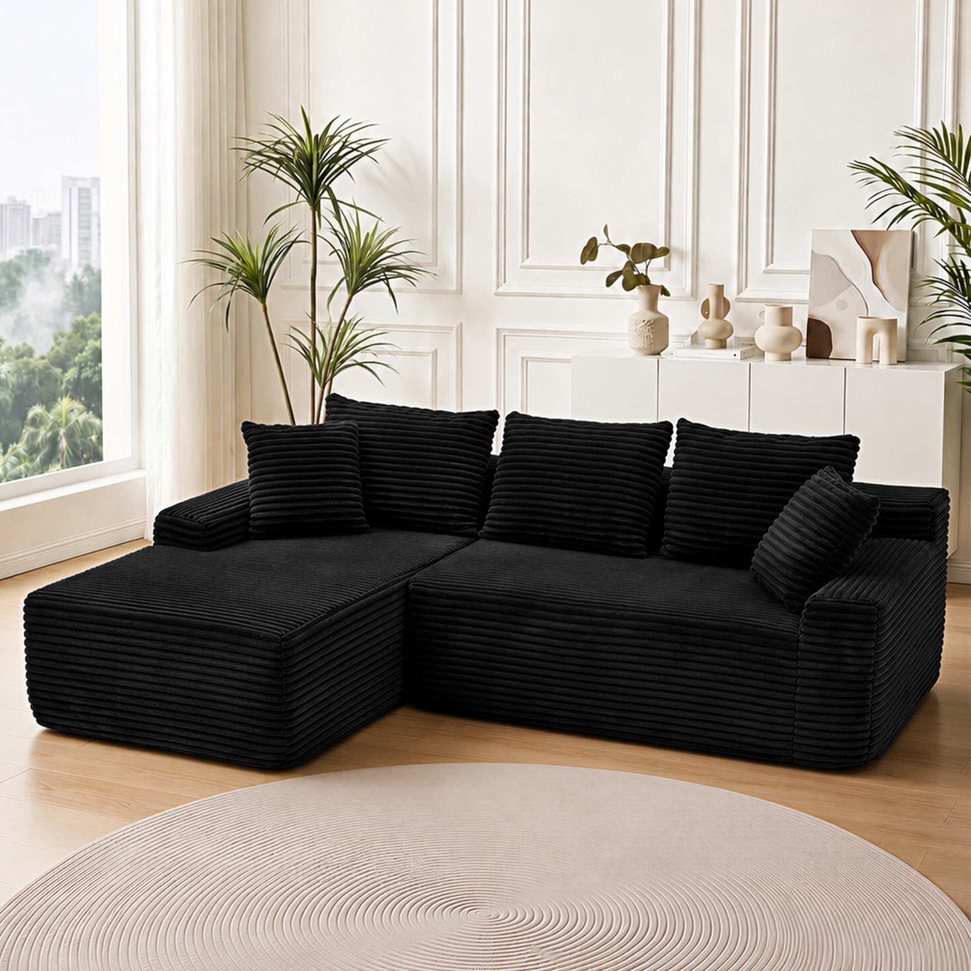 Leumius 95" Boneless Modular Sectional Sofa with Chaise,L-Shaped Comfy Corduroy Couch with Deep Seat,Upholstered Sectional Couch for Living Room, No Assembly,Black