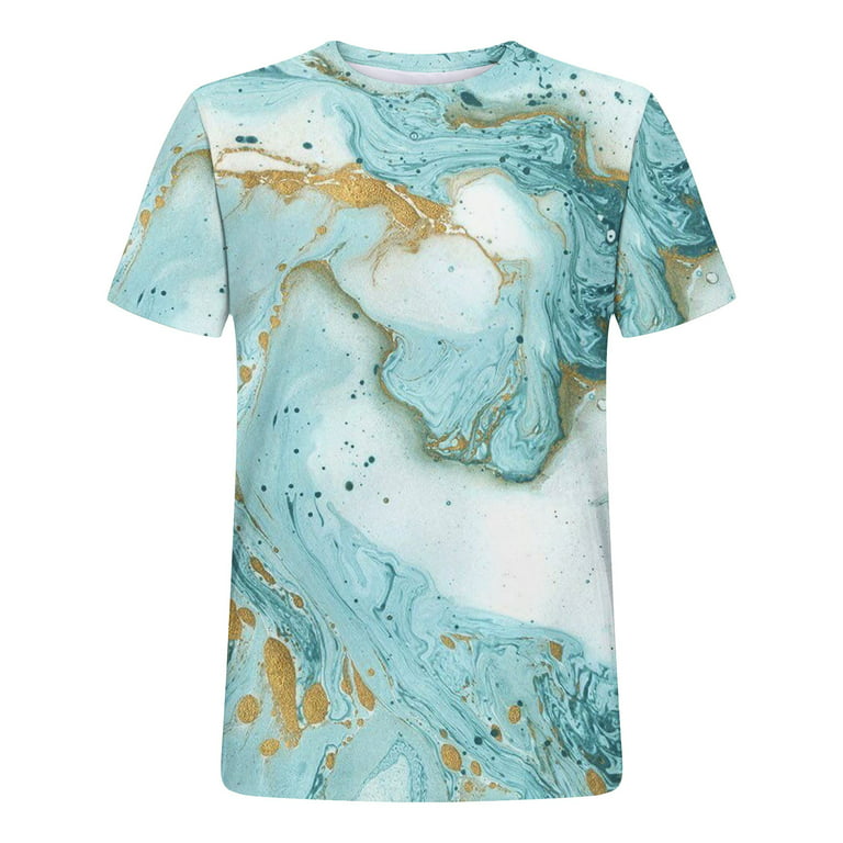 VSSSJ Summer Shirts for Men Athletic Fit Fashion Marble Print Short Sleeve  Round Neck Top Blouse Casual Breathable Workout T-Shirt Light Blue XXXL