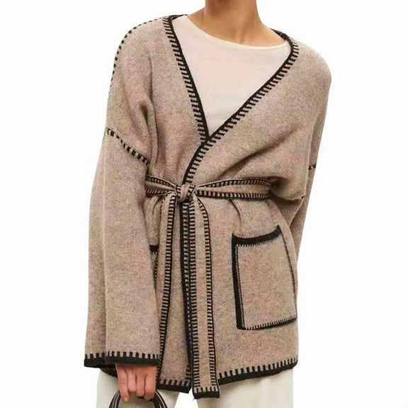 Women'S Trendy Casual Loose Oversized Color Block Long Sleeve Open Front Sweater Cardigan for Women Camel L