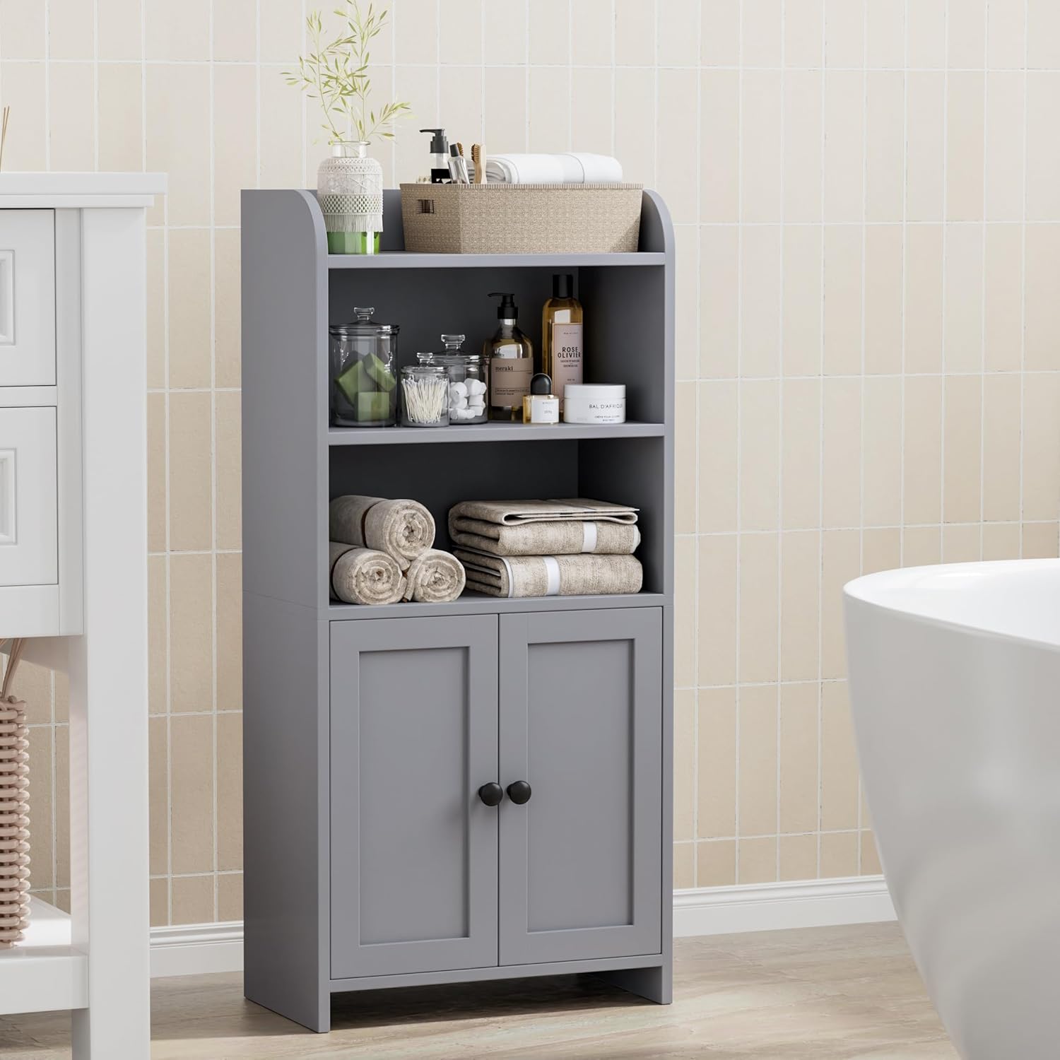 Small Bathroom Storage Cabinet, Freestanding Toilet Paper Storage with 2 Doors and Shelves, Bathroom Organizers and Storage for Small Spaces, laundry room, 7.9" D x 14.6" W x 31" H, Gray