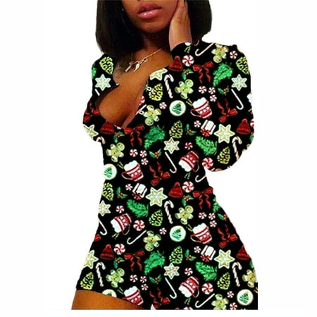 

Women Sexy Deep V Neck Shorts Jumpsuit Christmas Pajamas Button Long Sleeve One Piece Bodycon Rompers Homewear Pajamas