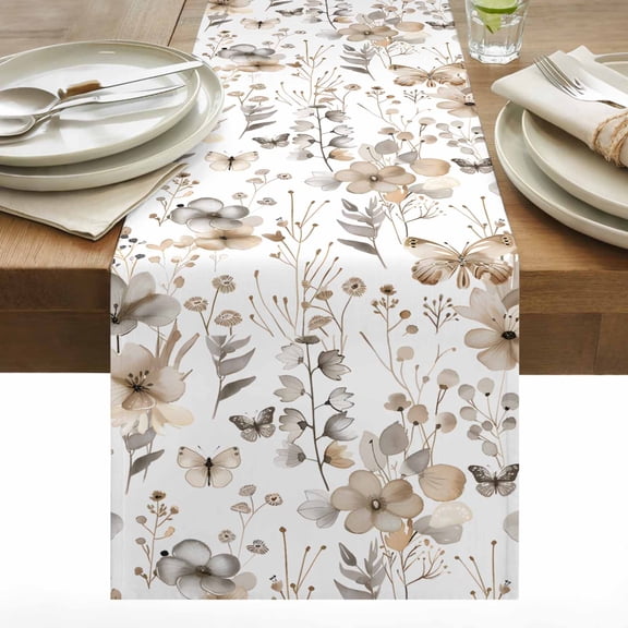 Retro Wildflowers Table Runner 13x48 inch Plants Butterfly Brown Grey Farmhouse Cotton Linen Dining Table Runner Ideal for Dresser Kitchen Coffee Tables - Machine Washable
