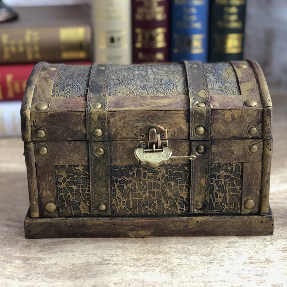 Vintage Wooden Pirate Treasure Chest Box Trinket Keepsake Storage Case with Lock 