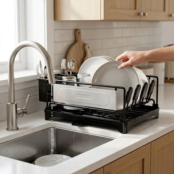 Dish Drying Rack Single Layer with Utensil Holder, Adjustable Spout Auto-Draining Dish Rack for Kitchen Counter, Large Capacity for Plates, Bowls, Cups, Dish Drainer with Drainboard,Black