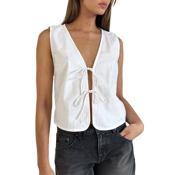 JYYYBF Women Strappy Tank Tops Double Front Tie Closure V-Neck Summer Sleeveless Solid Color Vest