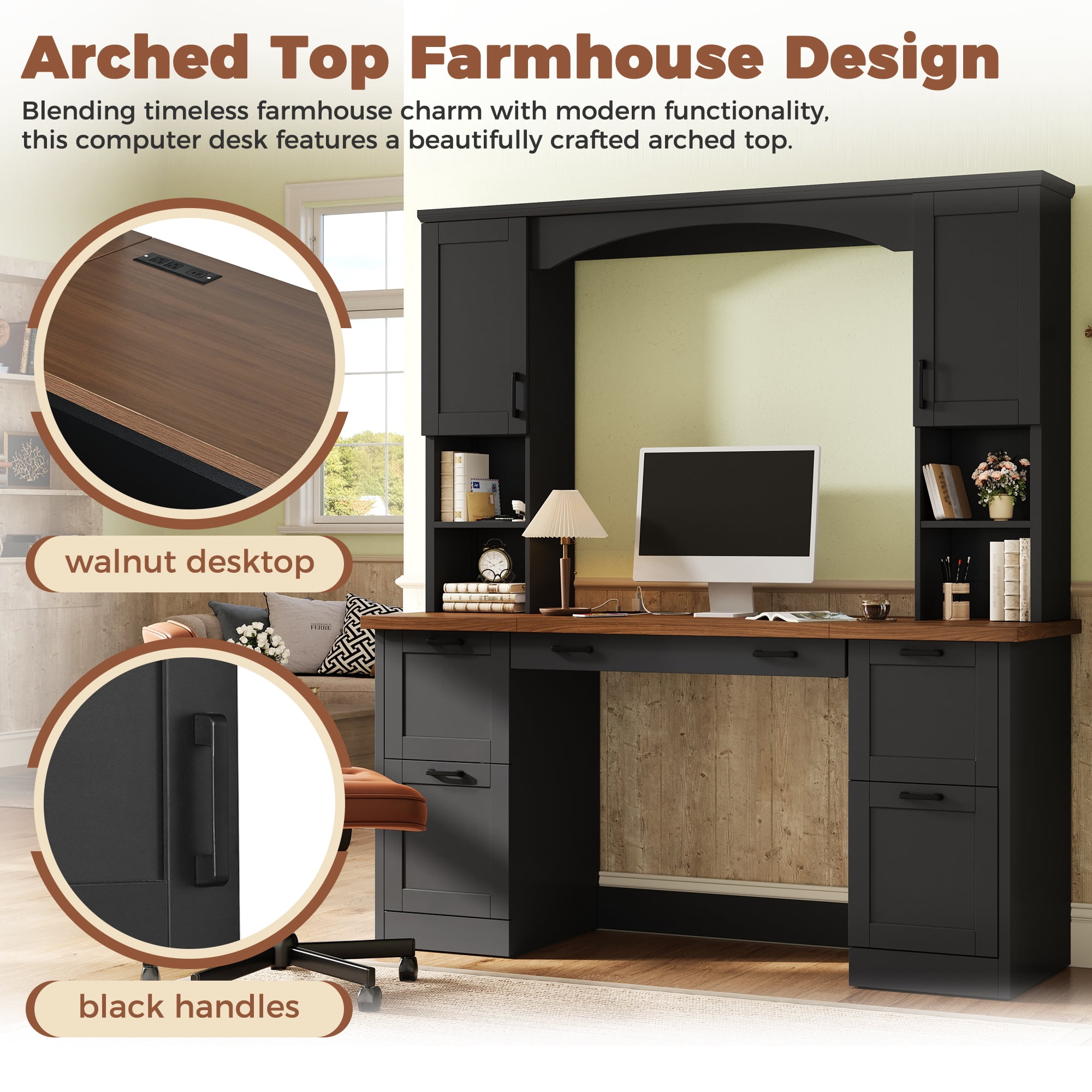 Mintazer 67.5" Farmhouse Arched Computer Desk with Hutch & File Drawer, Home Office Workstation with Charging Station & Keyboard Tray for Study Office, Black