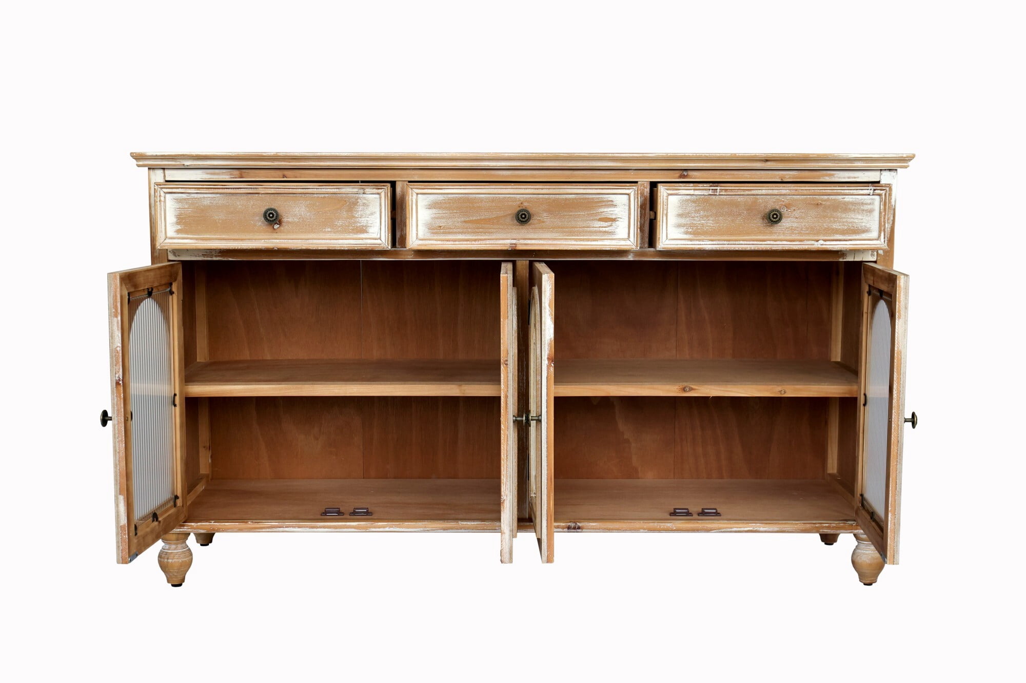 AENKYO 59" Farmhouse Sideboard Buffet, Distressed Wood Credenza with 3 Drawers & 4 Fluted Glass Doors, Natural