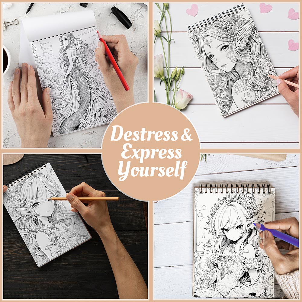 Anime Mermaid Girls Coloring Book Spiral Bound For Adults, A5 Wooden Cover, 30 Beautiful Coloring Pages of Underwater Girls Scenes for Stress Relief and Relaxation