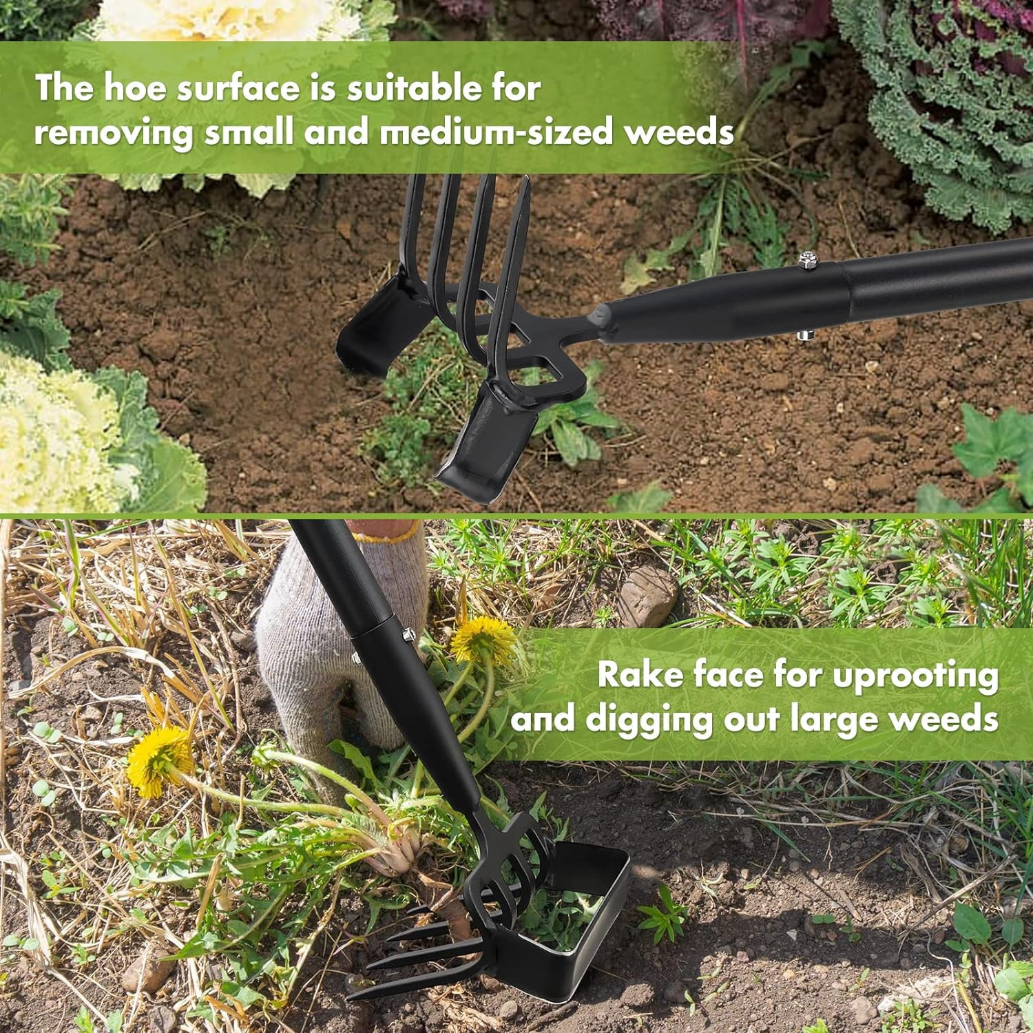 Stirrup Hoe and Cultivator, Heavy Duty Scuffle Garden Hoe with 73Inch Adjustable Handle for Weeding,Digging, Loosening Soil, Metal Garden Hula Hoe with Rake Tiller Cultivator