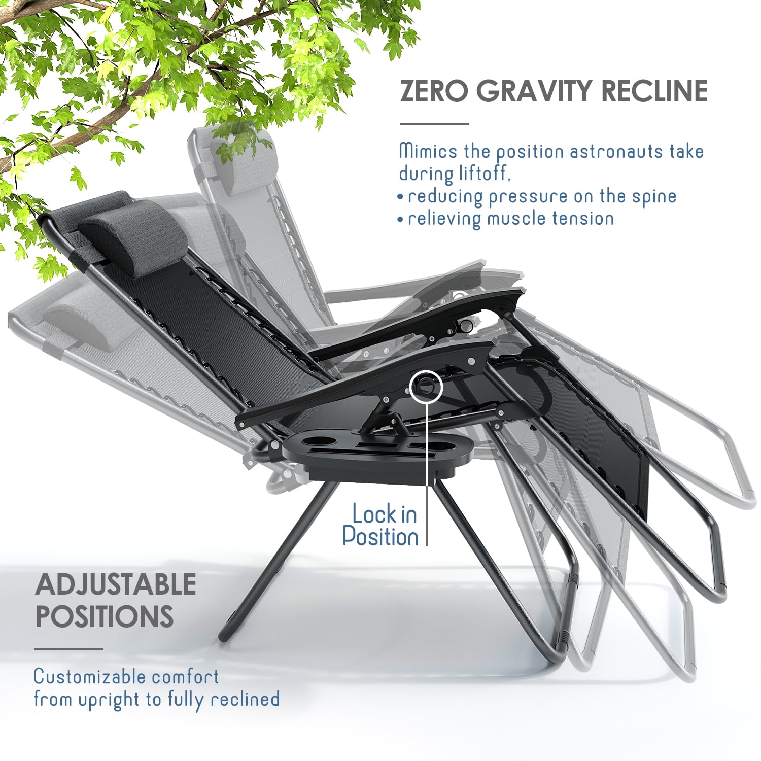 LammaLoe Zero Gravity Chair Set of 4, Outdoor Lounge Chairs with Cup Holder, Black