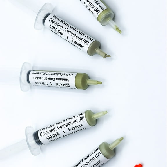 TechDiamondTools Diamond Lapidary Paste Set of 5 Syringes X 5 Grams (M), Polish Lapping Compound, Sizes 400 500 600 800 1050 Grit, Mesh - With Medium(25%) Concentration of Diamond Powders