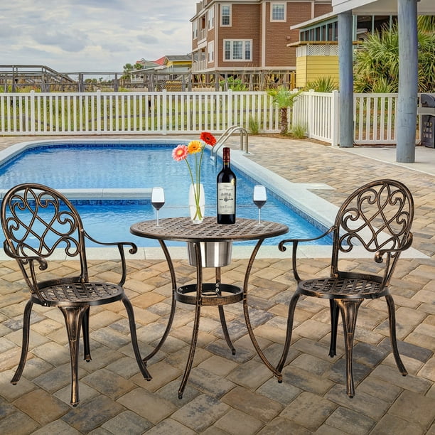 Antique Bistro Table Set, 3 Pieces Outdoor Patio Set with Ice Bucket, Cast Tulip Design Patio 