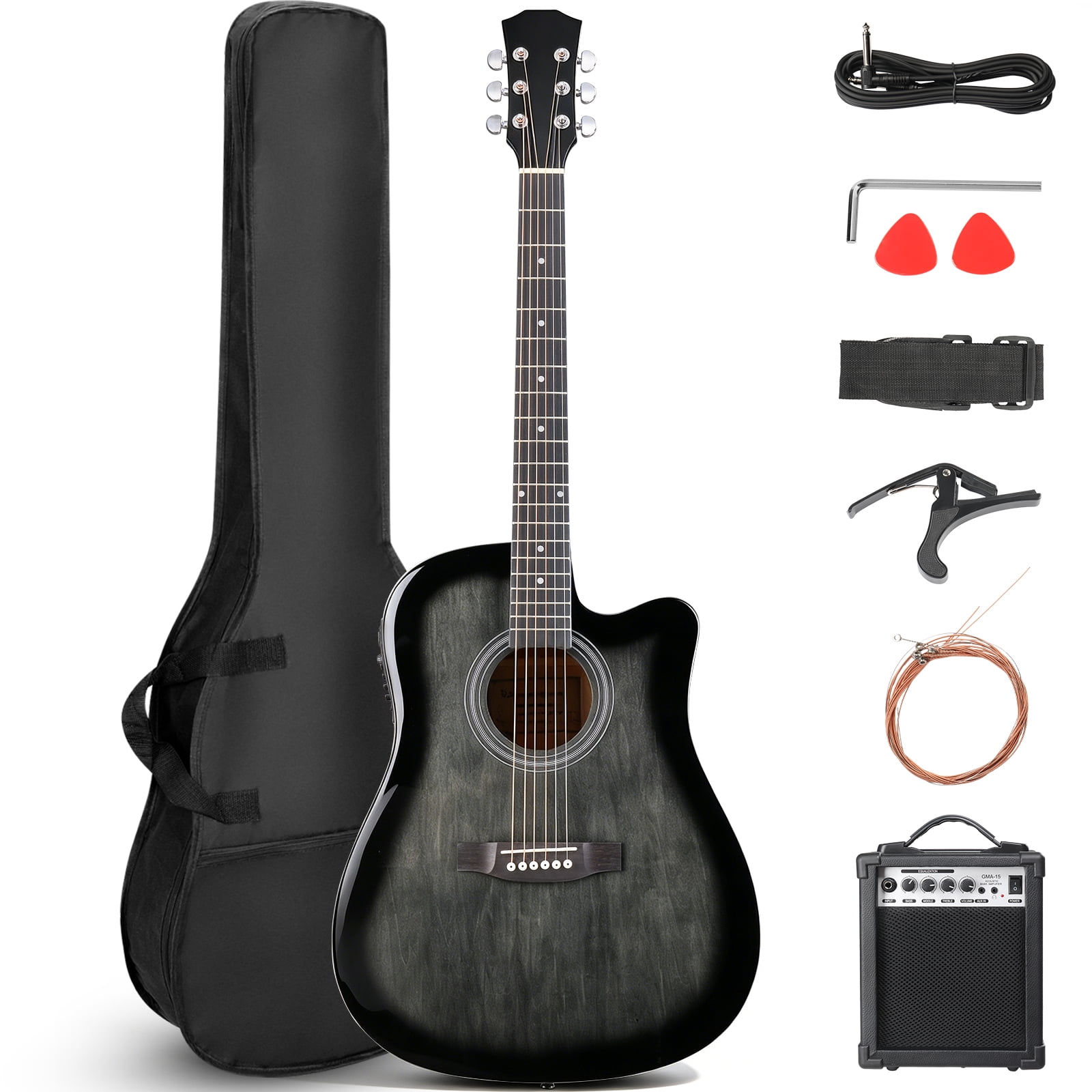 Ktaxon KMA103 41 Inch Cutaway Acoustic Electric Guitar, Basswood Guitar with 15W Built-in Speaker, EQ Control, Gloss Black
