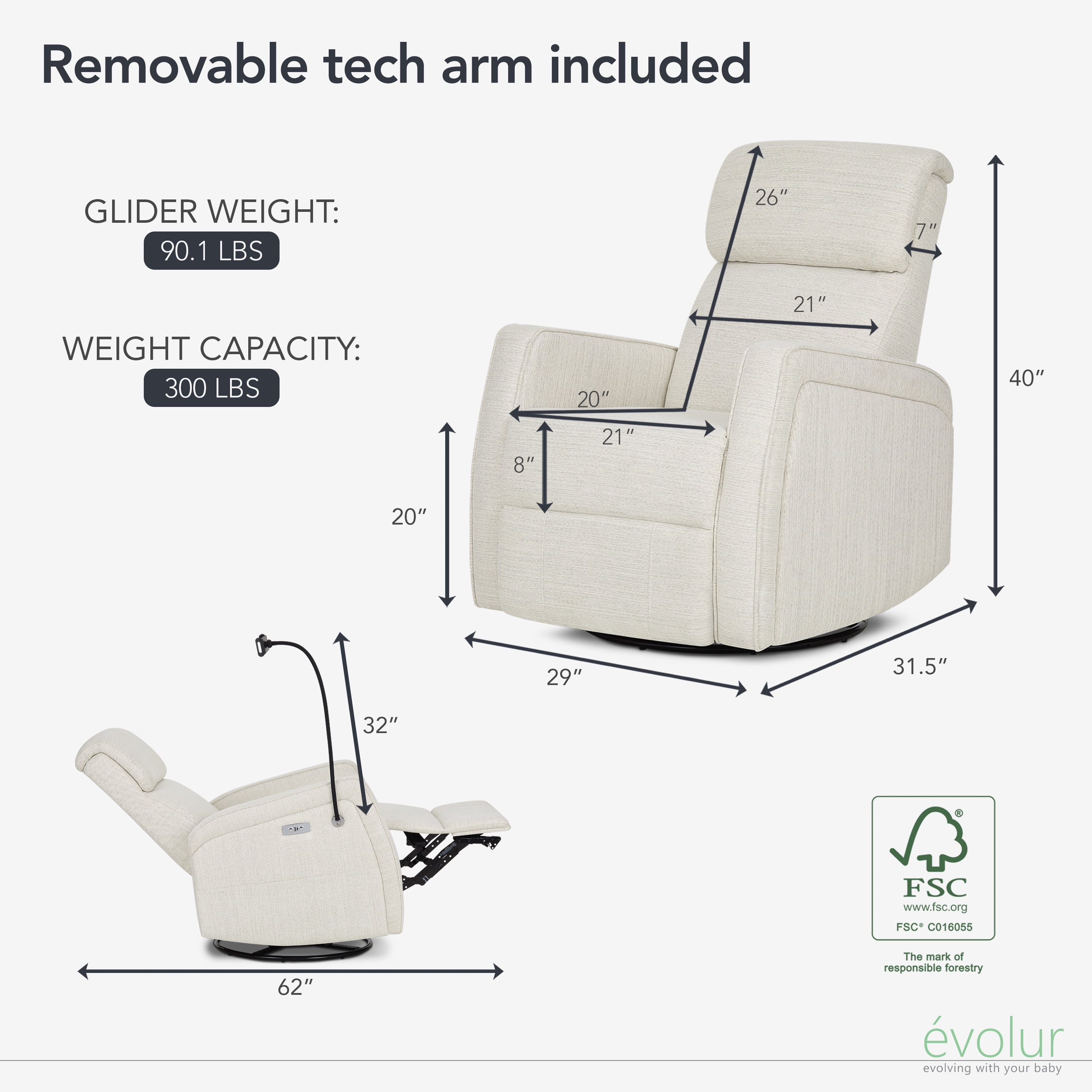 Evolur Maverick Power Recline Glider with Device Holder, Thunder Beige
