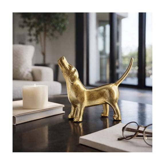 Metal Howling Dog Sculpture for Home Accent - Ornaments for Bathroom, Office, Room and Living Room Display Styling - Sculptural Figurine for Shelf or Coffee Table Decor - 7", Gold & Metallic
