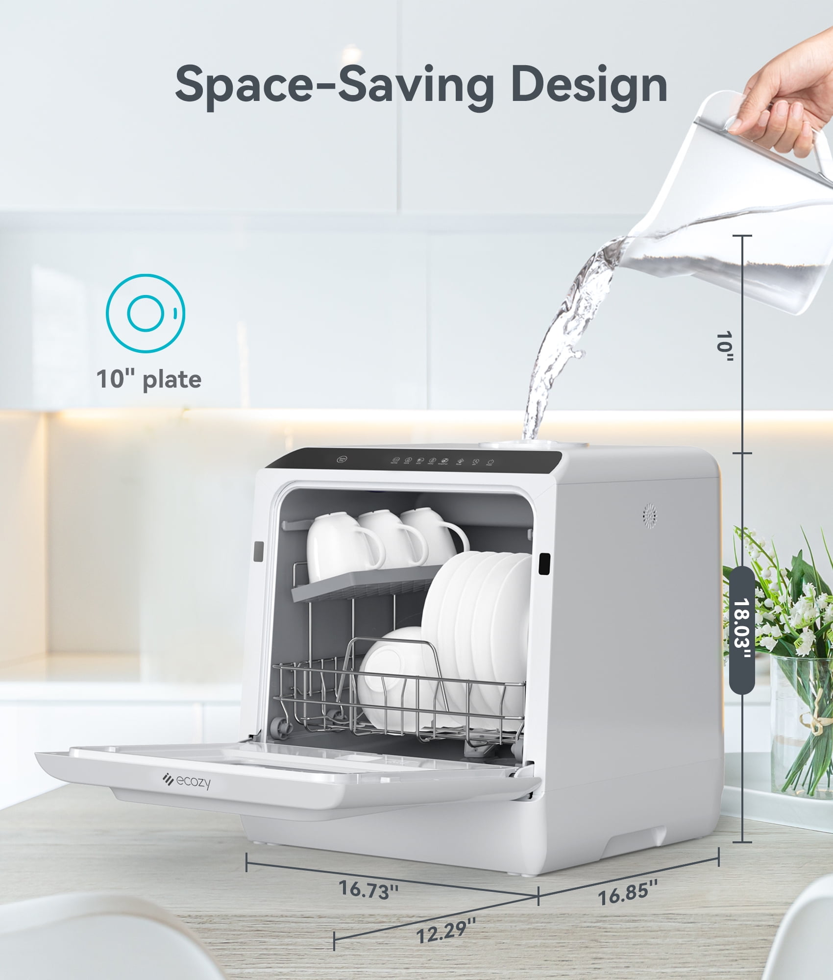 EcoZy Countertop Portable Dishwasher, Mini Dishwasher with A Built-In 5L Water Tank, No Hookup Needed, 5 Washing Programs, Extra Dry Function for