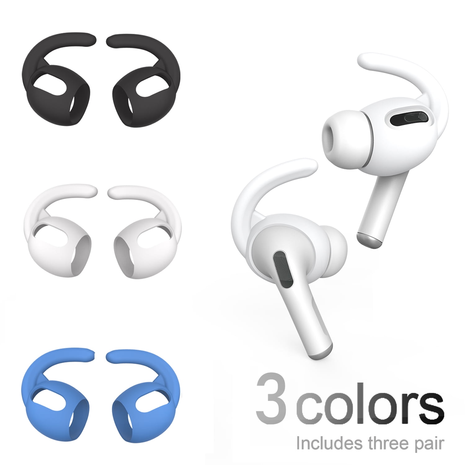 Canopus AirPods Pro Ear Hooks Compatible with Apple AirPods Pro, Anti-Slip Ear Covers Accessories (Not Fit in The Charging 3 Pairs (White, Black & Blue) of Ear Tips with Silicone Storage