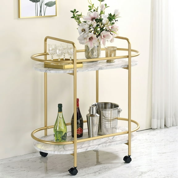 Mardoc 2-Shelf Metal Serving Cart With Wheels, Gold and White