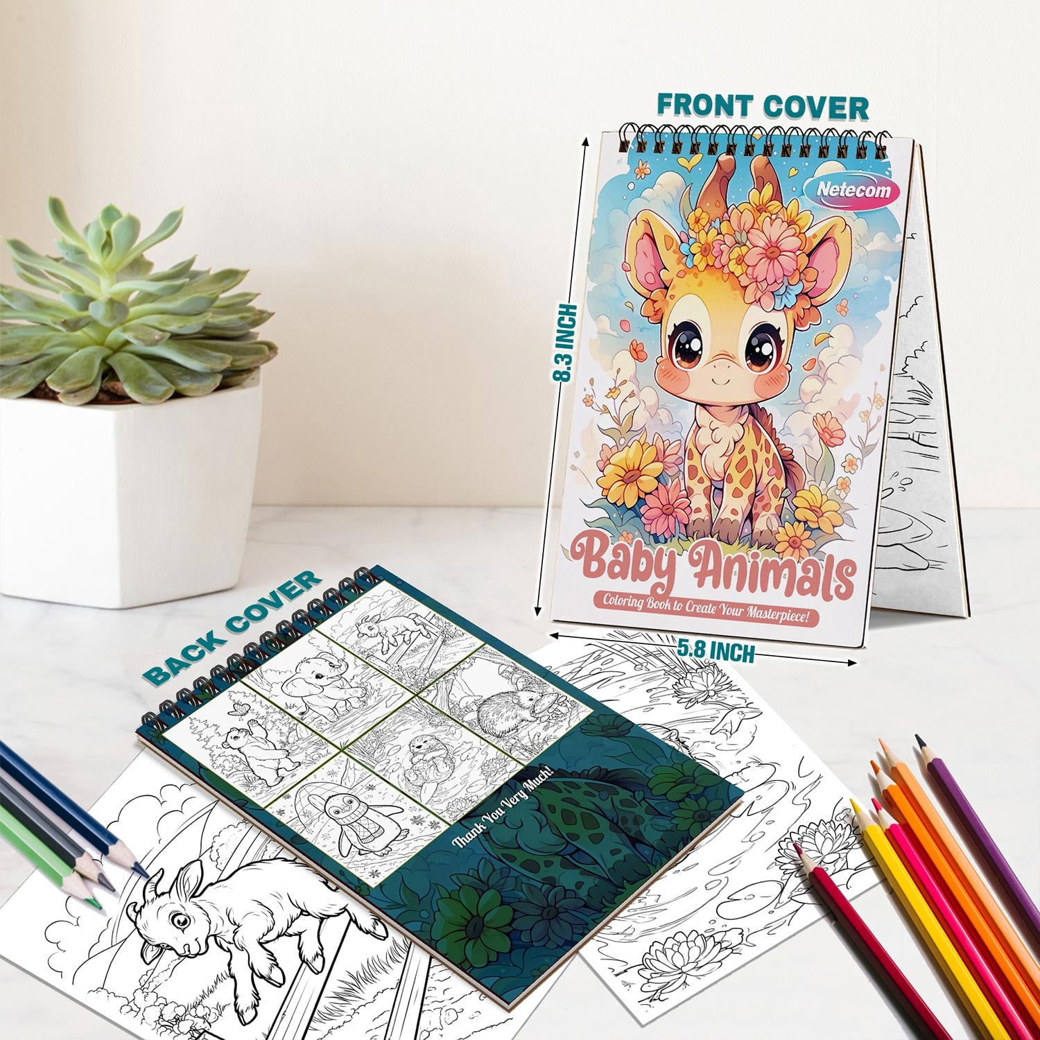 Netecom Baby Animals Coloring Book Spiral Bound for Adults, A5 Wooden Cover, 30 Adorable Coloring Pages of Little Animals for Stress Relief and Relaxation