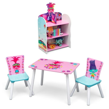 Trolls World Tour 4-Piece Playroom Set by Delta Children – Includes Table and 2 Chair Set and 3-Shelf Playhouse Bookcase