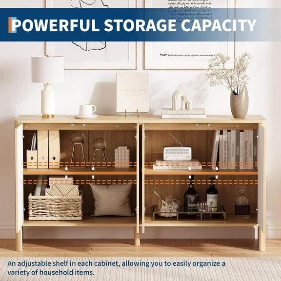 Historyli Modern Sideboard Buffet Cabinet, with Fluted 4 Doors and Adjustable Shelves, Wood Credenza, 58 Inch, Oak