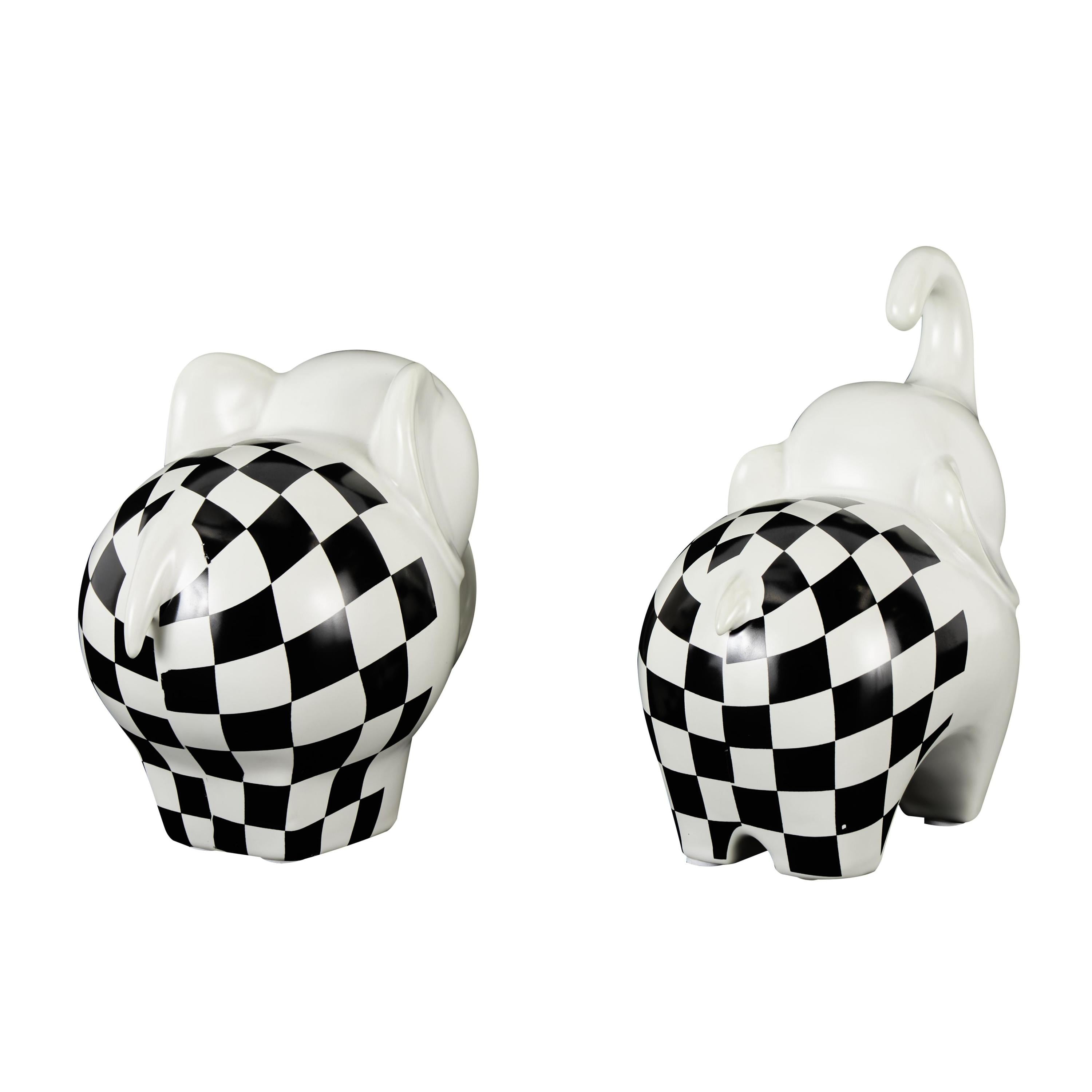 6", 7"H White Ceramic Small Elephant Sculpture with Checkered Pattern, by DecMode (2 Count)