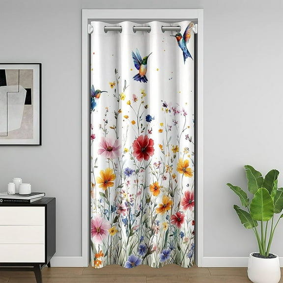 34 Wx80 L inch Flower Door Curtain,Wildlife Blackout Curtain Privacy,Hunmming Bird Doorway Curtain,Cottage Floral Door Drape for Bedroom Living Room