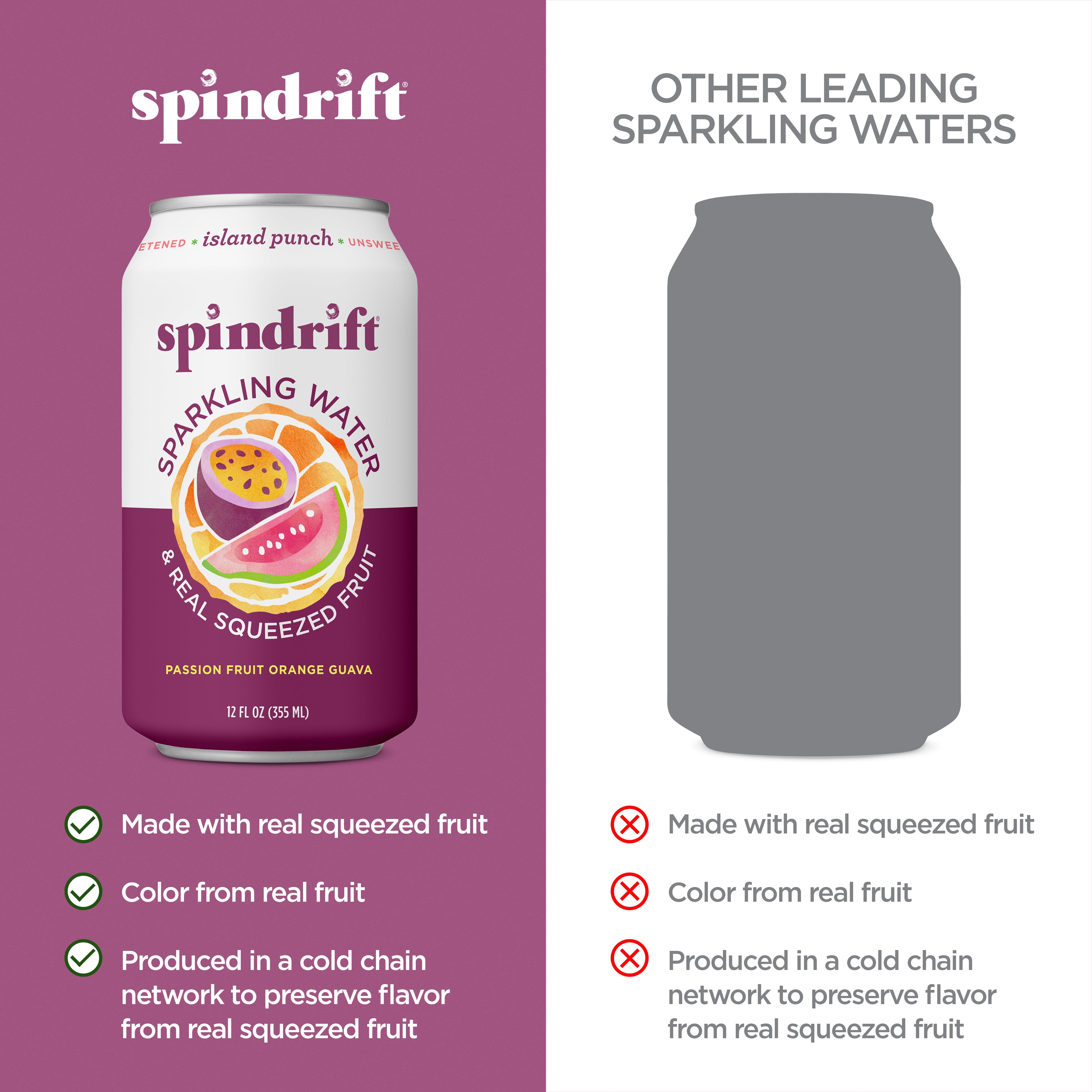 Spindrift Sparkling Water, Island Punch Flavored, Made with Real Squeezed Fruit, 12 fl oz, 8 Count, No Sugar Added, 13 Calories per Can