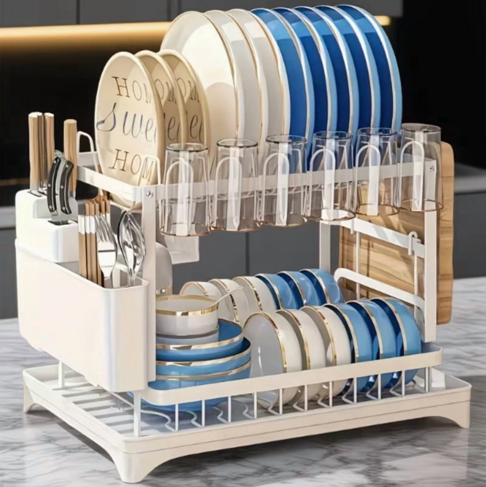 Dish Drying Rack, 2 Tier Large Dish Drying Rack for Kitchen Counter with Drainboard Stainless Steel Dish Drainer for Dish/Knifes/Cup/Cutting Board