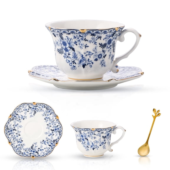 Country Roses Bone China Tea Cup and Saucer Set, 3 Pieces, Vintage Style, For Women and Tea Parties