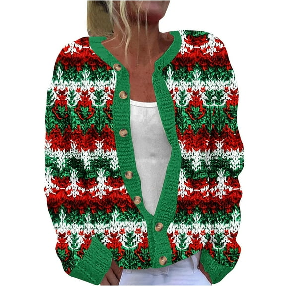 Christmas Warm Sweaters for Women Button Down Cardigans Holiday Snowflake Print Sweatshirts Long Sleeve Coats Knit Jackets Xmas Outfits Winter Tops