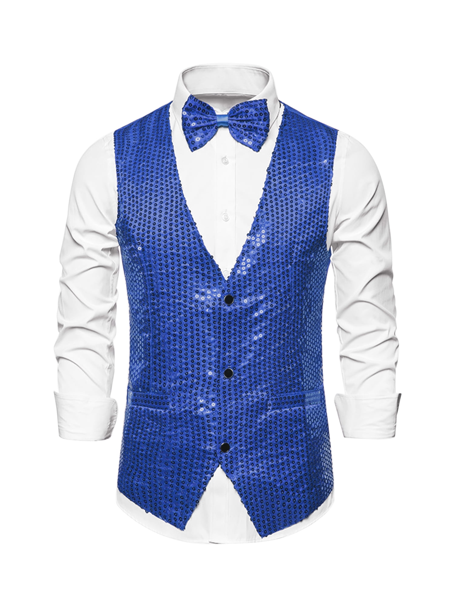 Unique Bargains Men's Sequin Waistcoat Sleeveless Dress Suit Vest with Bow Tie L Blue