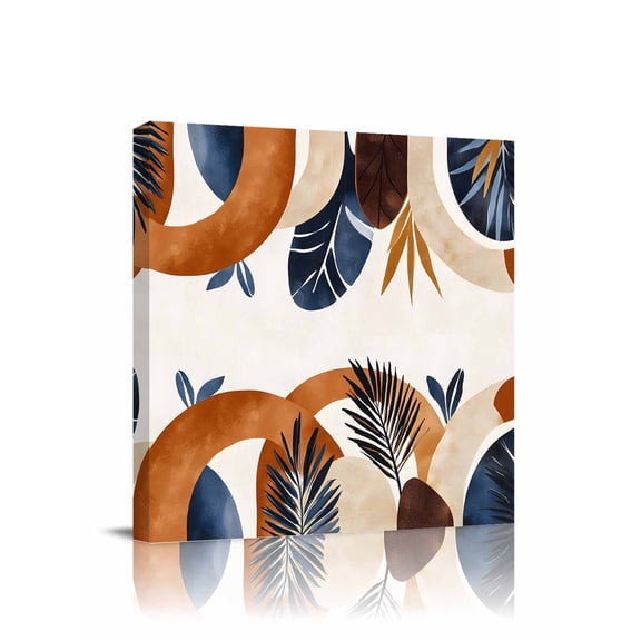 Bohemian Nordic Canvas Wall Art, Abstract Leaves Orange Blue Simple Framed Wall Decor Modern Artwork Prints Painting for Living Room, Bedroom, Kitchen & Cafe Decor 8x8 Inch