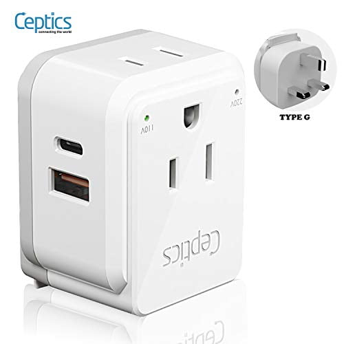 UK, Ireland Power Adapter Travel by Ceptics, Safe Dual USB & USBC 3.1A