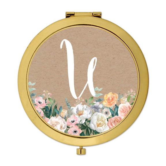 Koyal Wholesale Gold Compact Mirror Bridesmaid's Wedding Gift, Peach Flower Florals | Kraft Brown, Monogram Letter U