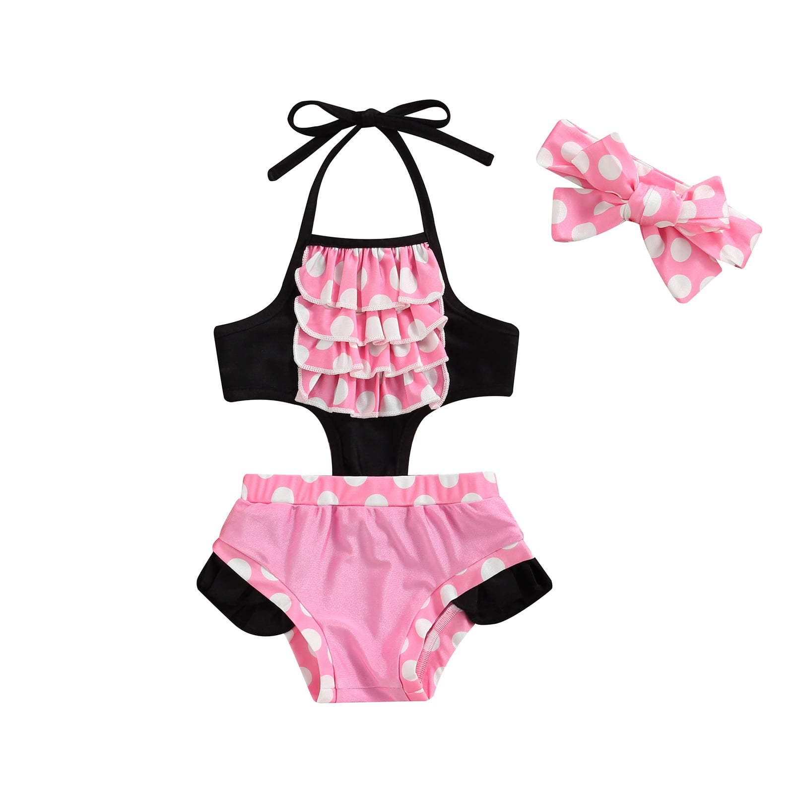 Hot Light Pink Chiffon Ruffle Bikini Swimsuit Hat Cap 3pcs Set3-8Year 