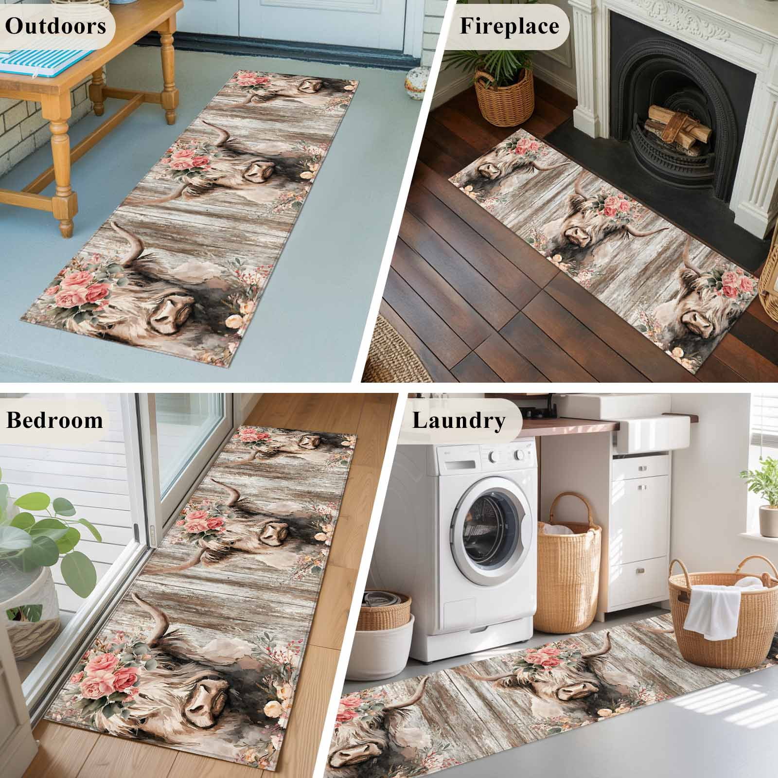 Highland Cows Runner Rugs 2x6 ft Abstract Animal Pink Flower Brown Wood Grain Farm Washable Hallway Rugs Non-Slip Floor Mats Absorbent Carpet Bedside Runners for Bedroom Kitchen Bathroom Laundry Room