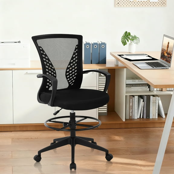 Drafting Chair, Tall Office Chair with Adjustable Foot Ring, Standing Desk Chair Support and Adjustable Armrests, Swivel Rolling Tall Chair, Breathable Mesh, Height Adjustable, Black