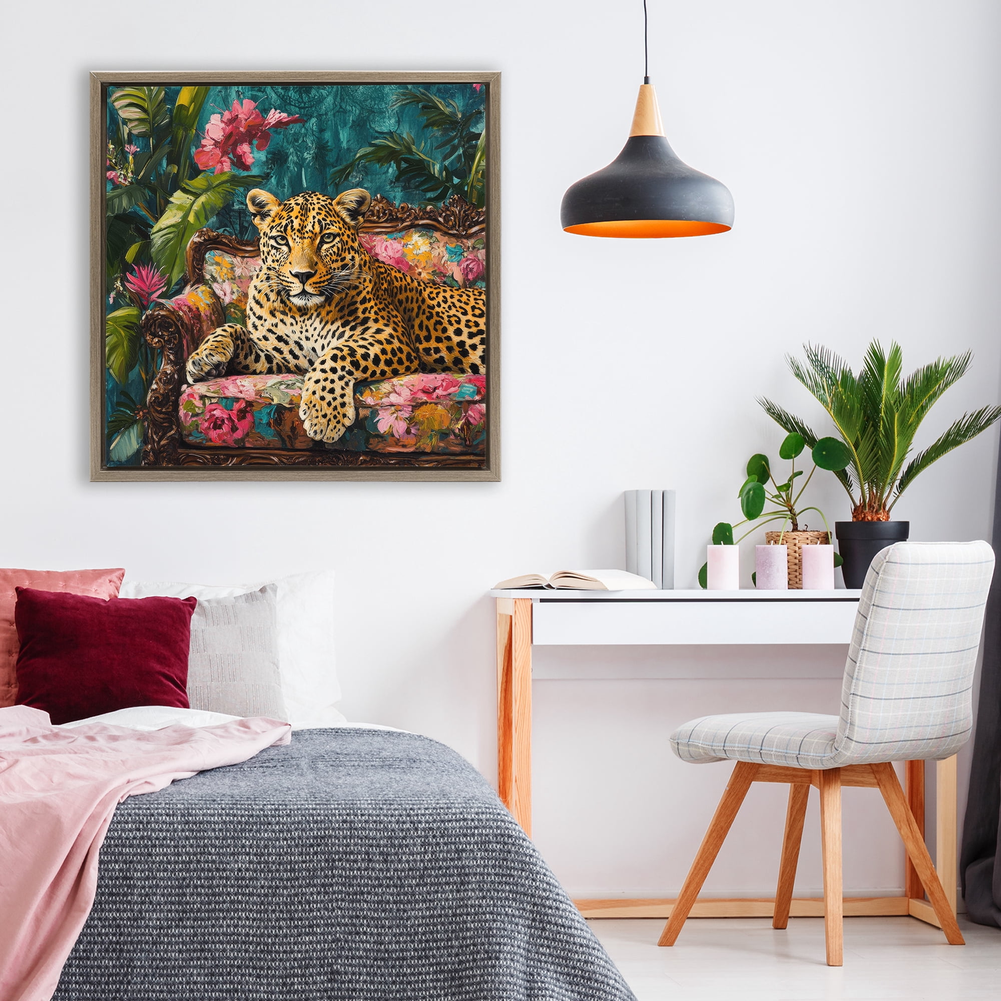 Stupell Industries Fashionable Leopard on Floral Sofa Brown Framed Floater Canvas Wall Art, design by Petal Prints Design