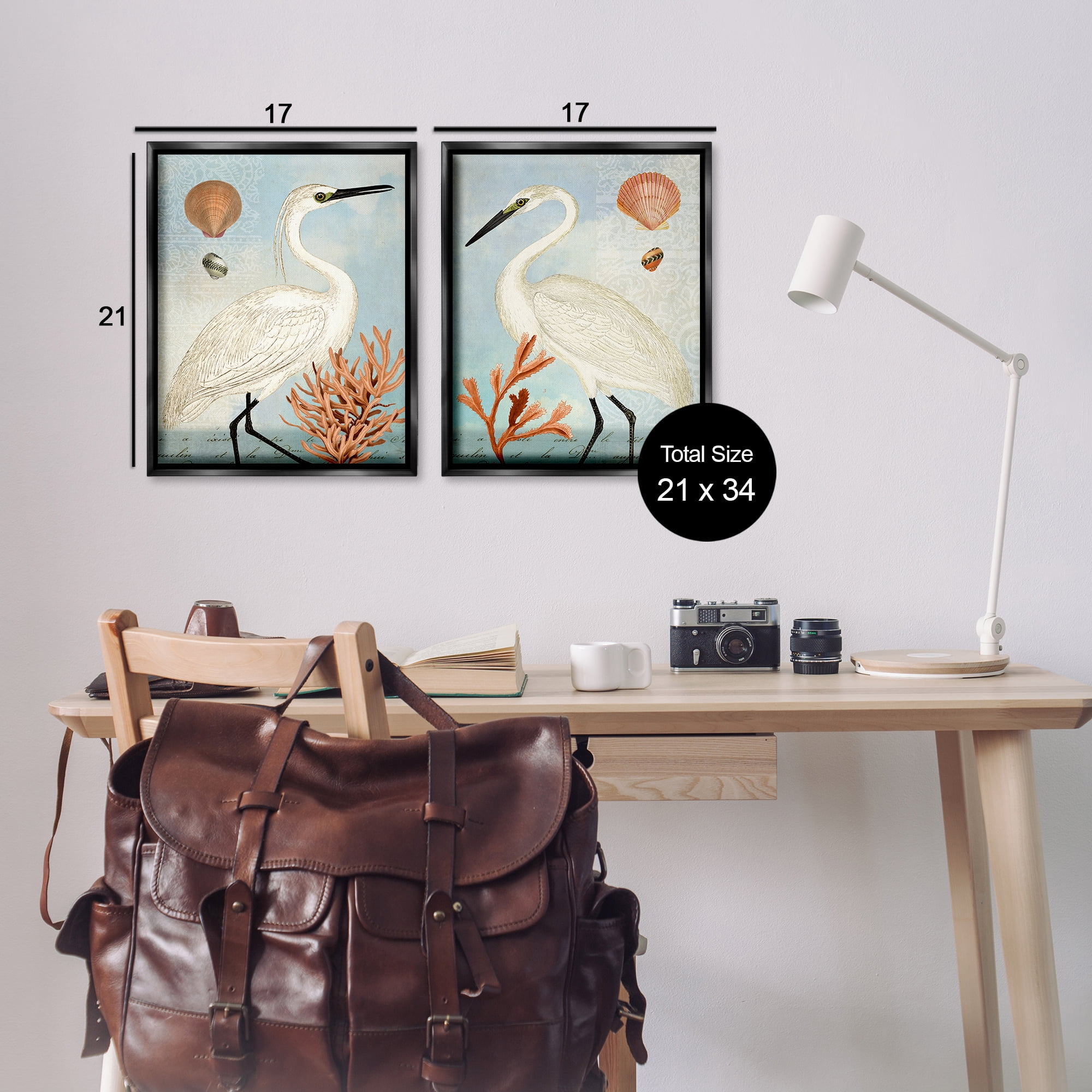 Stupell Industries Beach Items Shell Heron Egret Animals Painting Black Floater Framed Canvas Art Print Wall Art, 17 x 21, Set of 2