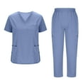 thumbnail image 2 of Scrub Sets for Woman Horkkom V Neck Short Sleeve Tops Elastic Waist Long Pants Nurse Scrubs Solid Color Uniforms Set with Pockets Blue L, 2 of 8