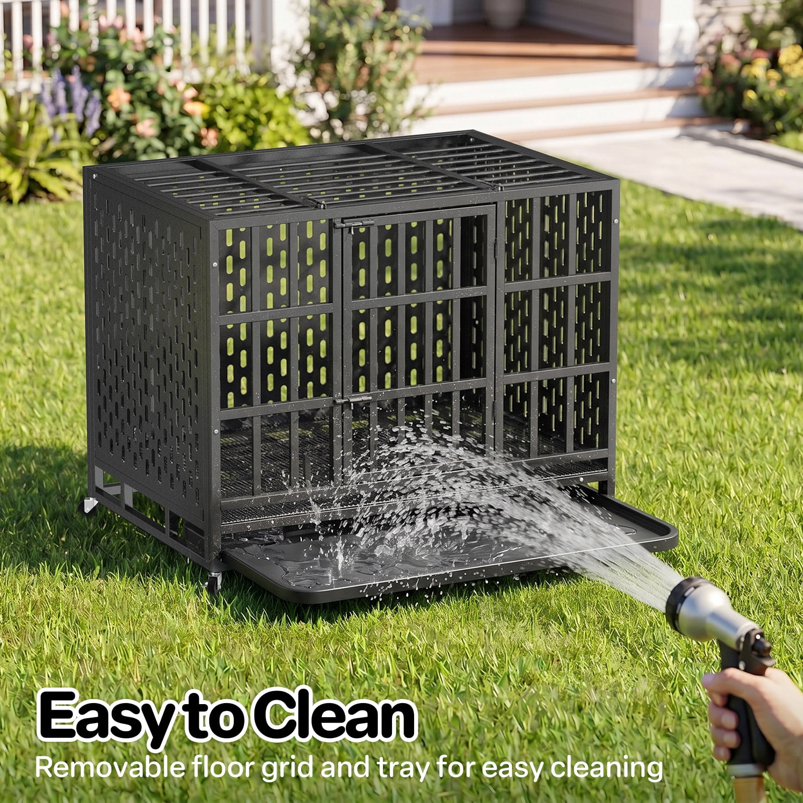 YOKWOK 38 Inch Heavy Duty Dog Crate for Small Dogs, Indestructible Chew-Proof & Escape-Proof Dog Cage for High Anxiety Dogs, Steel Dog Kennel with Locking Wheels & Removable Tray, Black