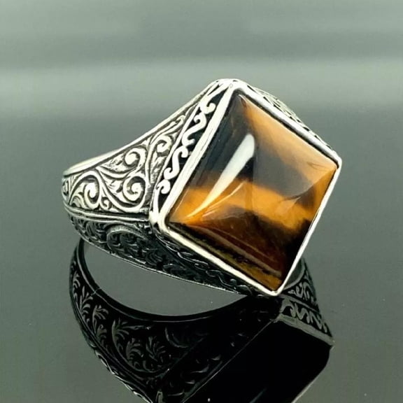 Mens Stainless Steel Silver Natural Tiger Eye Stone Ring Size 7-15 R34