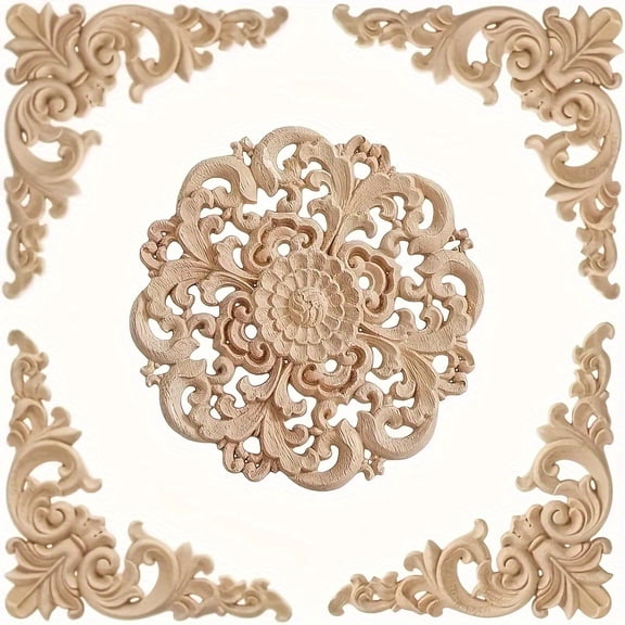5Pcs Wooden Appliques for Furniture, Carved Wood Decorative Onlays Set with Round Wood Medallion and Corner Pieces for Cabinets Doors Walls Headboard Decor DIY Furniture Decoration