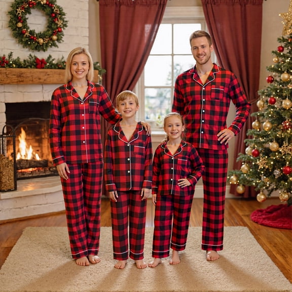 Family Matching Christmas Pajamas Set Long Sleeve Lapel Shirt Pants Plaid Sleepwear